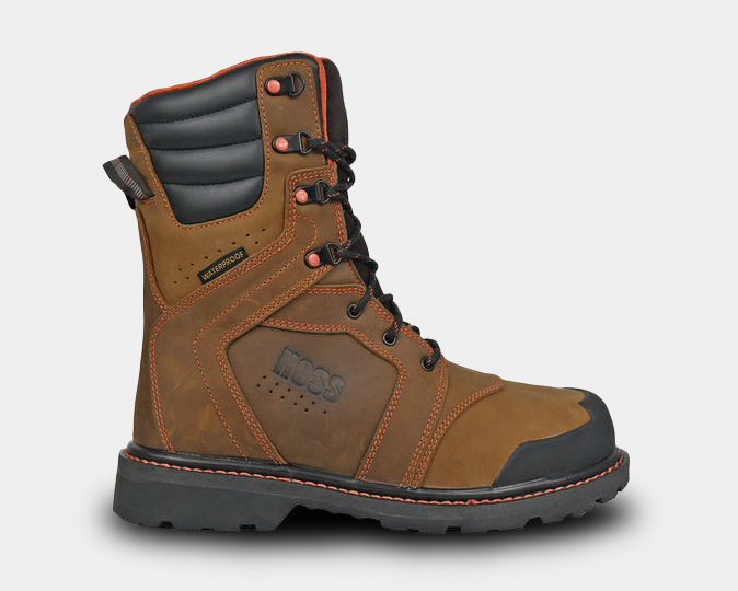 A brown  Soft Toe Boot with a lace-up closure, featuring a padded suede tongue and a thick rubber outsole.