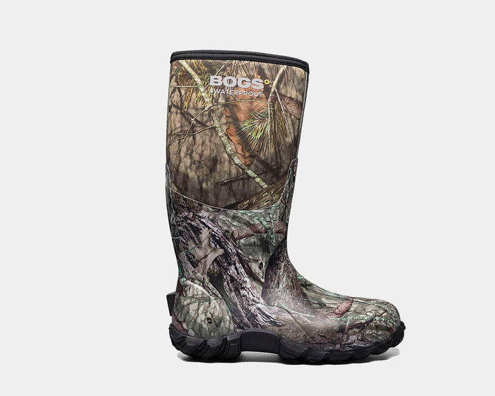 Bogs Classic High Mossy Oak boots with camouflage print, waterproof design, and black outsole, side view.