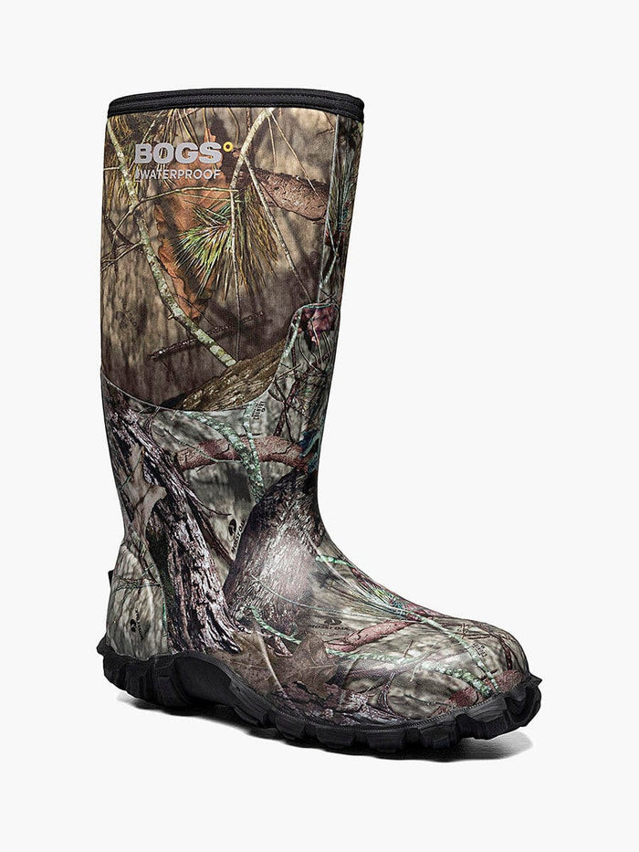 Bogs Classic High Mossy Oak waterproof boots with camouflage pattern and durable rubber sole, side view.