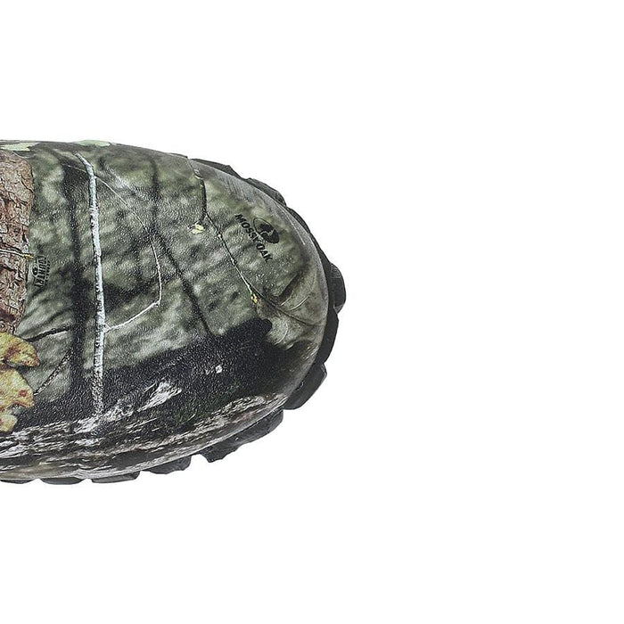 Bogs Classic High Mossy Oak boots with camouflage print and waterproof material, toe box close-up view.