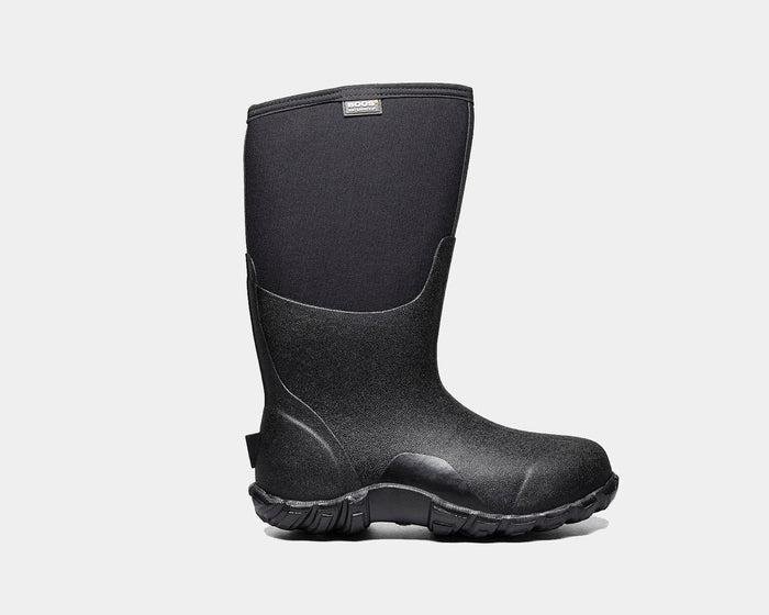 Bogs Classic High boots in black with waterproof neoprene upper and durable rubber outsole, side view.