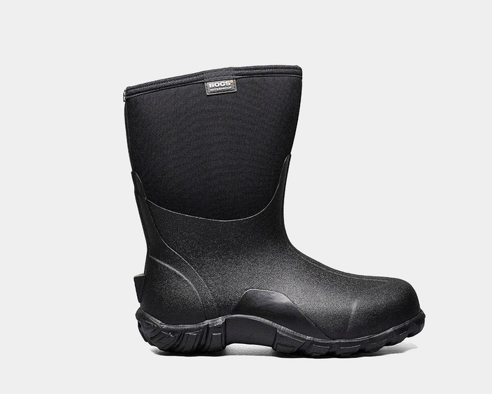 Bogs Classic Mid Boot in black, waterproof design with durable rubber construction and slip-resistant outsole, side view.