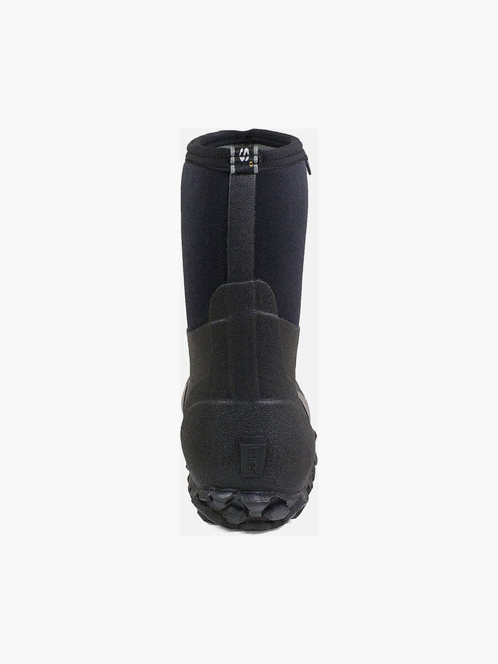 Bogs Classic Mid Boot in black with waterproof construction and textured sole, back view showing rear pull tab.