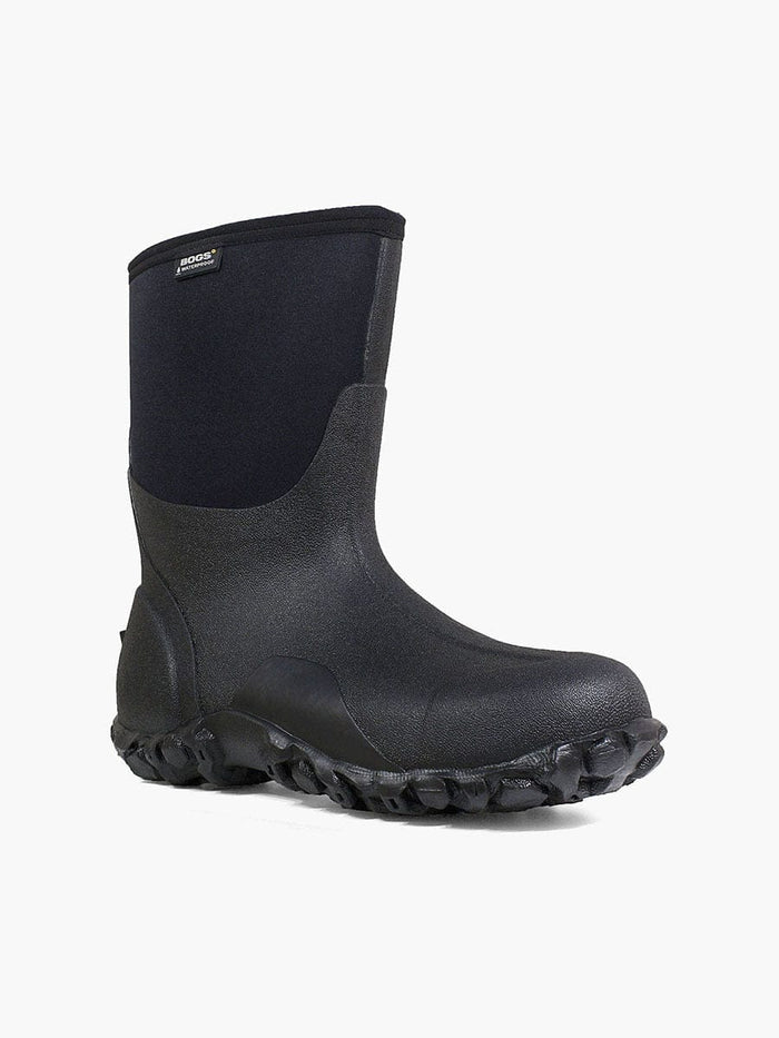 Bogs Classic Mid Boot in black with waterproof construction and rugged outsole, angled side view.