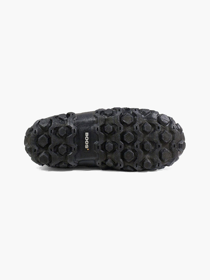 Bogs Classic Mid Boot sole view showing rugged black tread pattern with logo detailing.