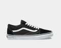 Vans Classic Old Skool sneakers in black canvas and suede with white side stripe, laces, and rubber outsole, side view.