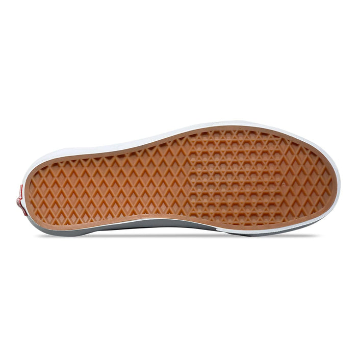 Vans Classic Old Skool shoes outsole featuring signature waffle tread pattern in gum rubber with white edge trim, bottom view.