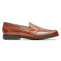 Rockport Classic Penny Loafers in brown leather with moc-toe stitching and black rubber sole, side view.