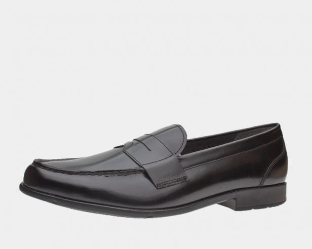 Rockport Classic Penny Loafers in black leather with moccasin-style stitching and traditional penny keeper strap, side view.