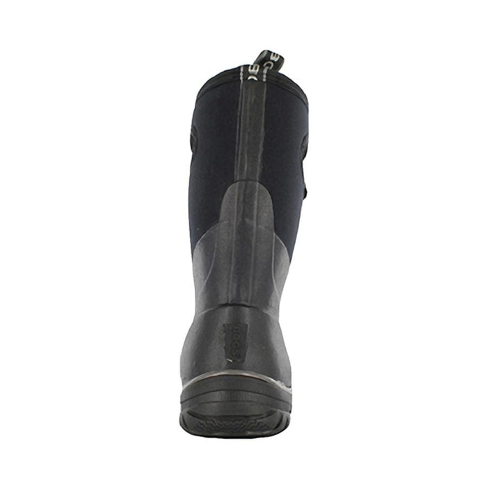 Bogs Classic Ultra High boots back view showing waterproof rubber construction and pull tab in black.