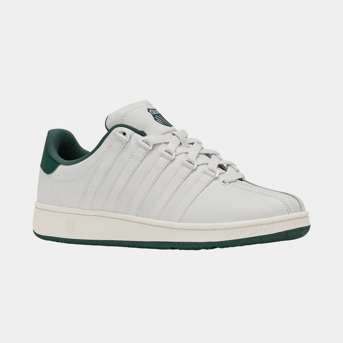 K-Swiss Classic VN sneakers in white leather with green accents, striped side design, and lace-up closure, side view.