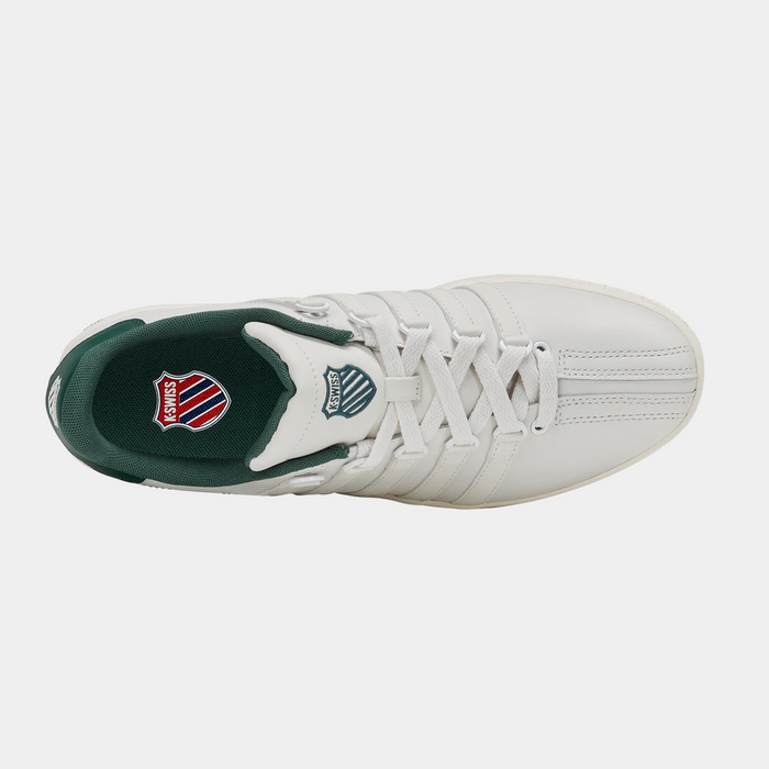 K-Swiss Classic VN sneakers in white leather with green collar lining and iconic five-stripe design, top view.