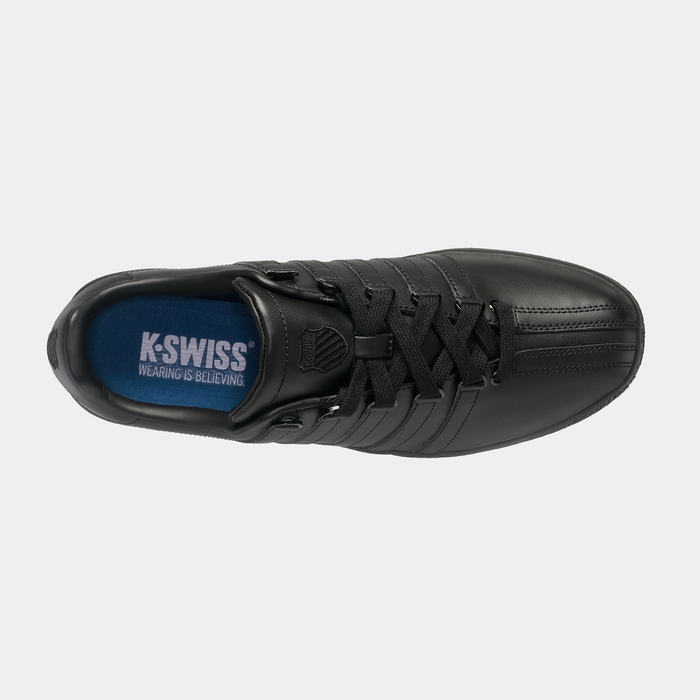 K-Swiss Classic VN sneakers in black leather with signature five-stripe design and black laces, top view.