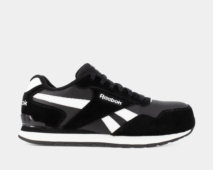 Reebok Work Classic Work Sneaker in black with white accents, suede overlays, and durable sole, side view.
