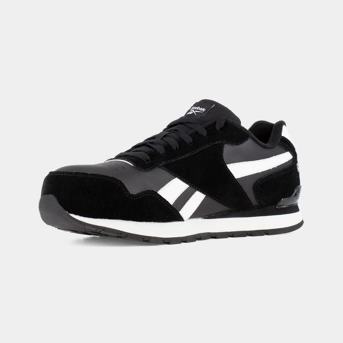 Reebok Work Classic Work Sneaker in black with white accents, suede and leather upper, durable sole, front angle view.