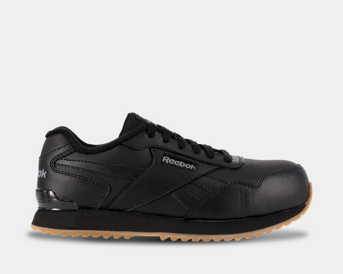 Reebok Work Classic Work Sneaker in black leather with gum outsole and padded collar, side view.