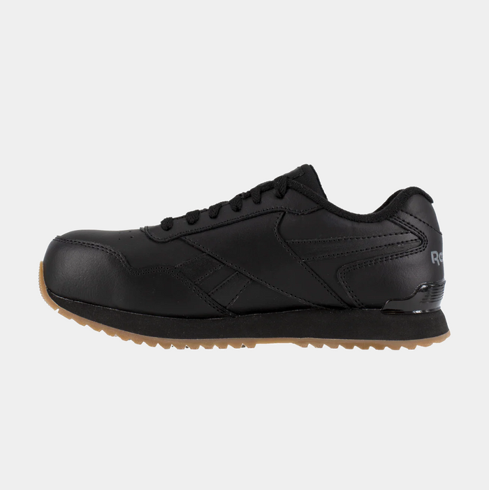 Reebok Work Classic Work Sneaker in black leather with gum outsole and padded collar, side view.