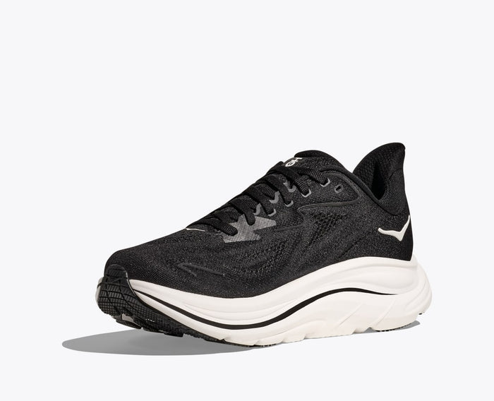 HOKA Clifton 10 running shoes in black with breathable mesh upper, cushioned white midsole, and curved outsole, front-side view.