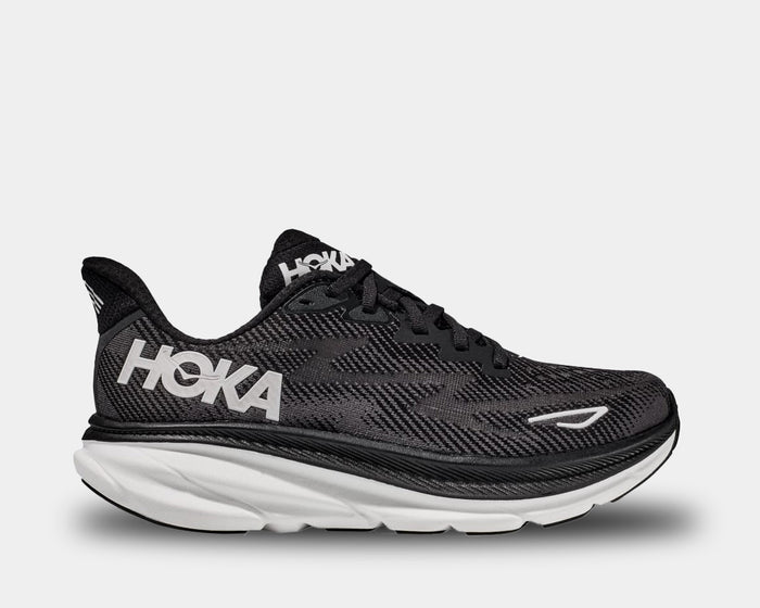 HOKA Clifton 9 running shoes in black with mesh upper, cushioned midsole, and lightweight design, side view.