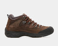 Dunham Cloud Boots hiking boots in brown leather with red stitching, waterproof construction, and durable black rubber outsole, side view.