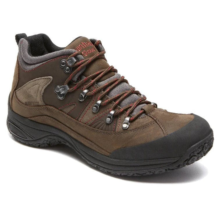 Dunham Cloud Boots hiking boots in brown leather with red stitching, metal eyelets, and black rubber toe guard, side view.