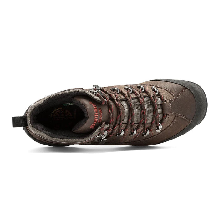 Dunham Cloud Boots top view showing brown leather upper, red stitching accents, metal eyelets, and padded interior.