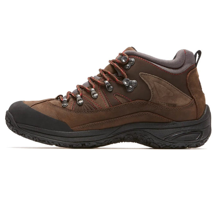 Dunham Cloud Boots in brown with waterproof leather upper, red stitching details, and rugged black outsole, side view.
