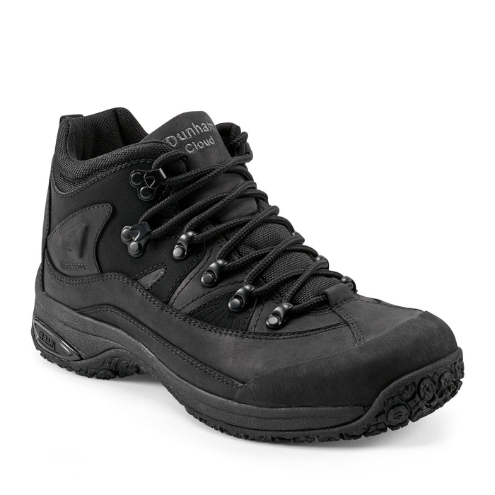 Dunham Cloud Boots in black with durable leather upper, metal eyelets, padded collar, and rugged outsole, front-side view.