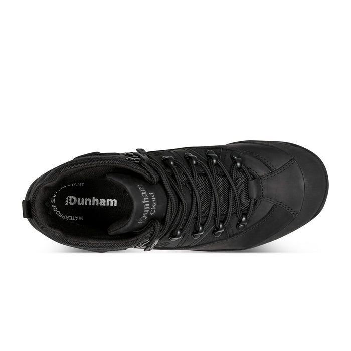 Dunham Cloud Boots top view, black leather and mesh upper with waterproof construction and durable lace system.