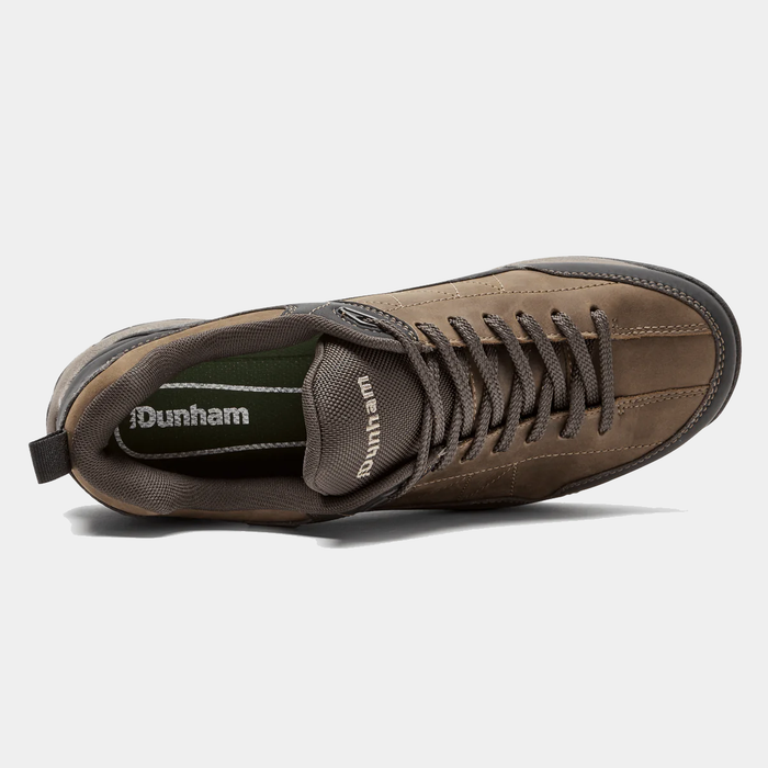 Dunham Cloud Plus Lace Up Waterproof Trekker shoes in brown leather with durable lace system, top view showing padded collar and logo insole.