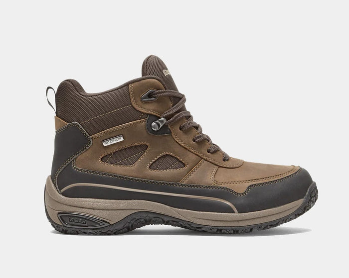 Dunham Cloud Plus Mid II hiking boots in brown leather with waterproof construction and rugged outsole, side view.