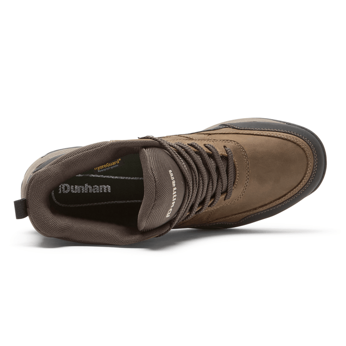 Dunham Cloud Plus Mid II hiking boots, brown leather upper with padded collar and durable lace system, top view.
