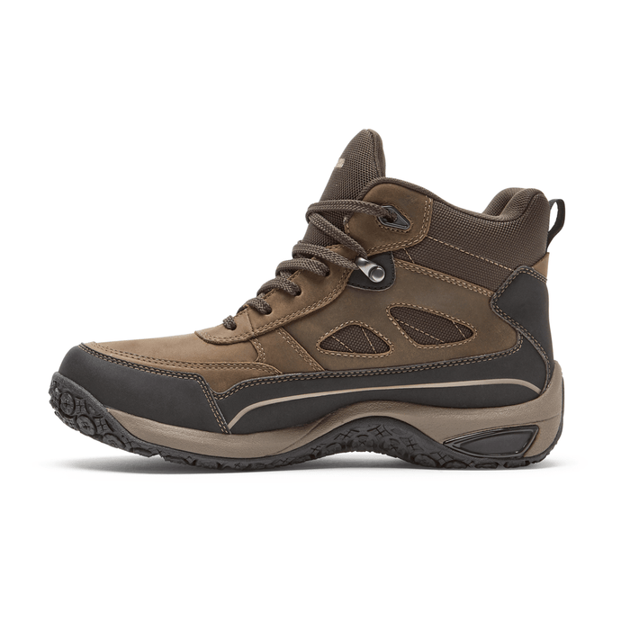 Dunham Cloud Plus Mid II hiking boots in brown leather and mesh with durable rubber outsole, side view.