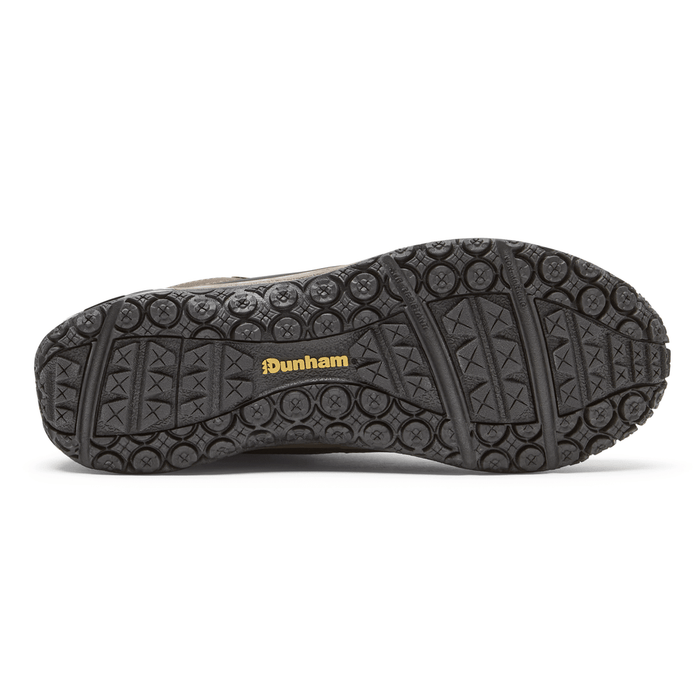 Dunham Cloud Plus Mid II hiking boots outsole with durable black rubber tread pattern and yellow branding, sole/bottom view.