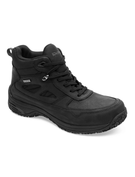 Dunham Cloud Plus Mid II boots in black with waterproof leather upper, padded collar, and durable outsole, angled side view.