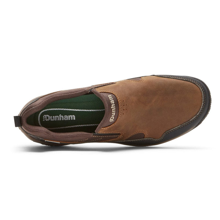 Dunham Cloud Plus Waterproof Slip-On shoe in brown leather with black accents, cushioned footbed, and elastic side panels, top view.
