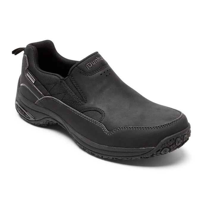 Dunham Cloud Plus Waterproof Slip-On shoes in black leather with breathable mesh panels and durable rubber outsole, front angle view.