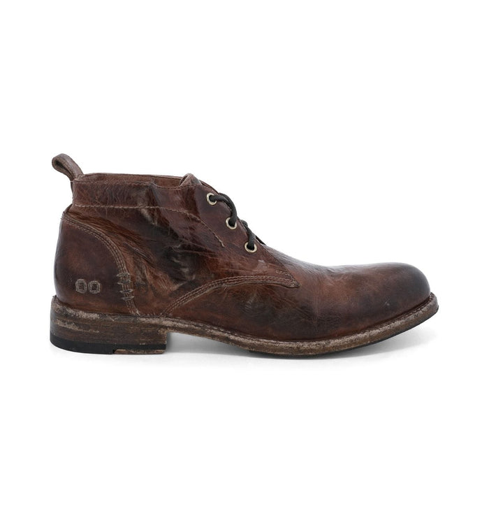 Bed Stu Clyde Chukka boots in distressed brown leather with lace-up design and sturdy sole, side view.