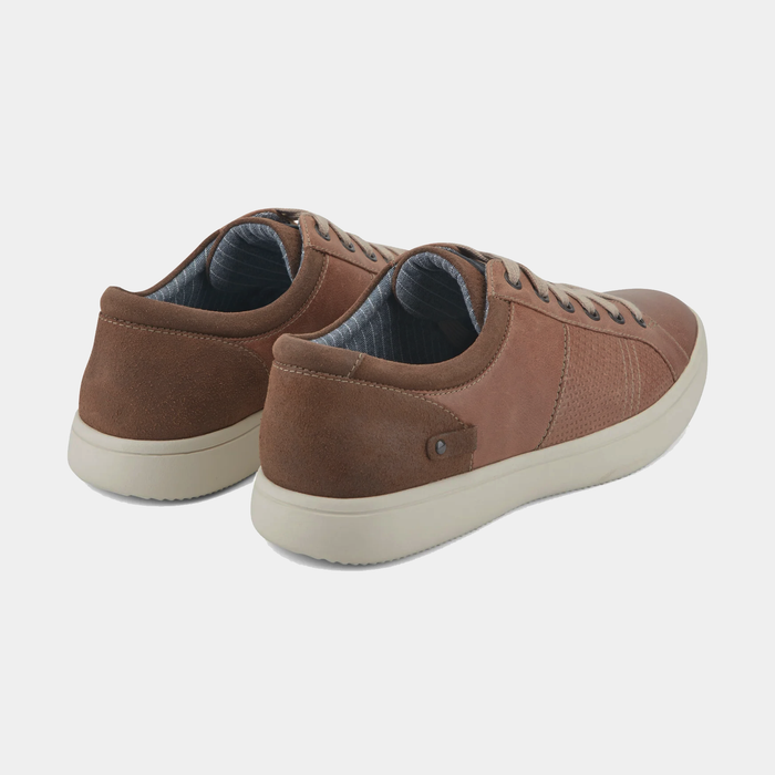 Rockport Colle Tie casual shoes in brown leather with perforated side details and white rubber soles, back angle view.