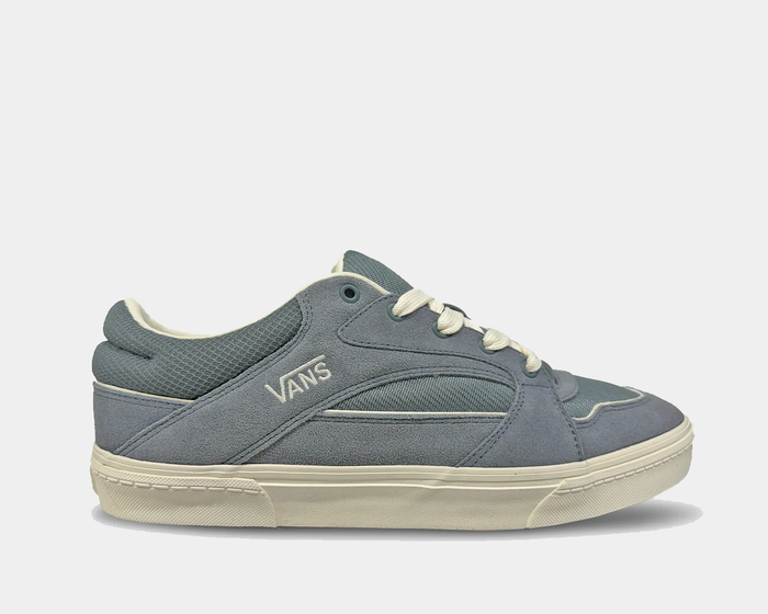 Vans Colson shoes in dusty blue with suede and mesh upper, white laces, and cream textured midsole, side view.
