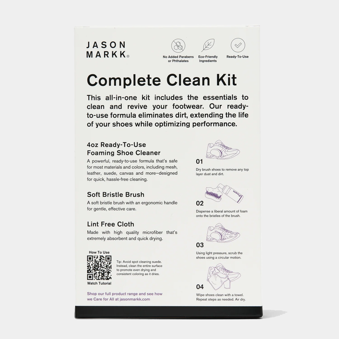 Jason Markk Complete Clean Kit featuring 4oz foaming shoe cleaner, soft bristle brush, and lint-free microfiber cloth, front view showing package details.