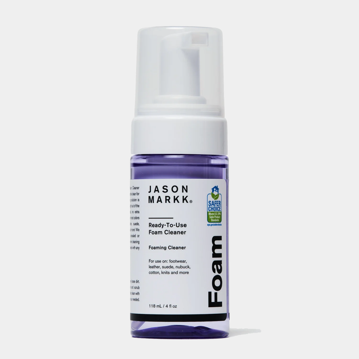 Jason Markk Complete Clean Kit featuring a ready-to-use foam cleaner in a purple bottle with white pump dispenser, front view.