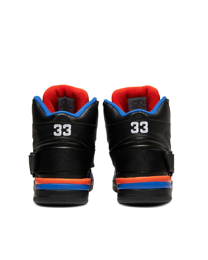 Ewing Athletics CONCEPT OG PE sneakers back view in black leather with embroidered "33", red lining, and orange-blue midsoles.