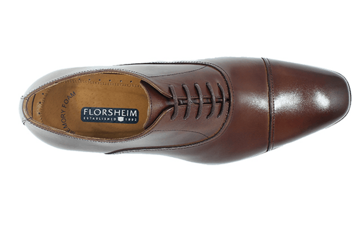 Florsheim Corbetta dress shoes in brown leather with cap-toe design and lace-up closure, top view showing memory foam insole.