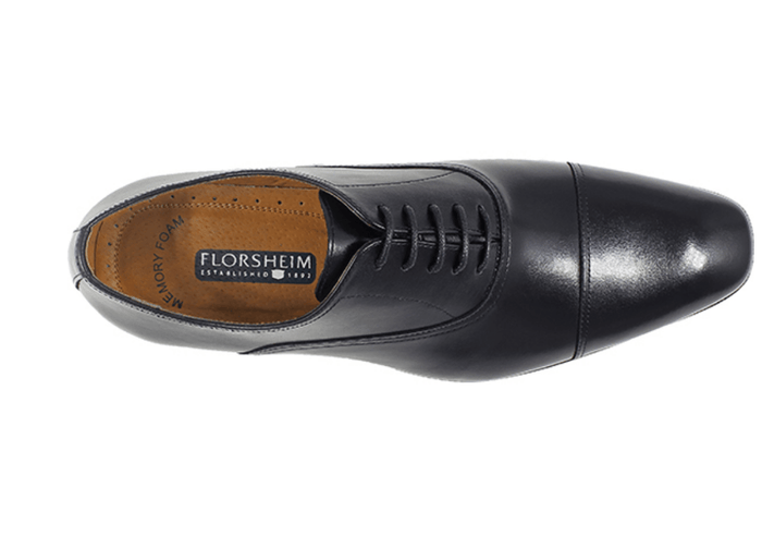Florsheim Corbetta dress shoe in black leather with memory foam insole, cap toe design, and lace-up closure, top view.