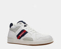Polo Ralph Lauren Court Mid sneakers in white with red and navy accents, perforated toe box and gum outsole, side angle view.