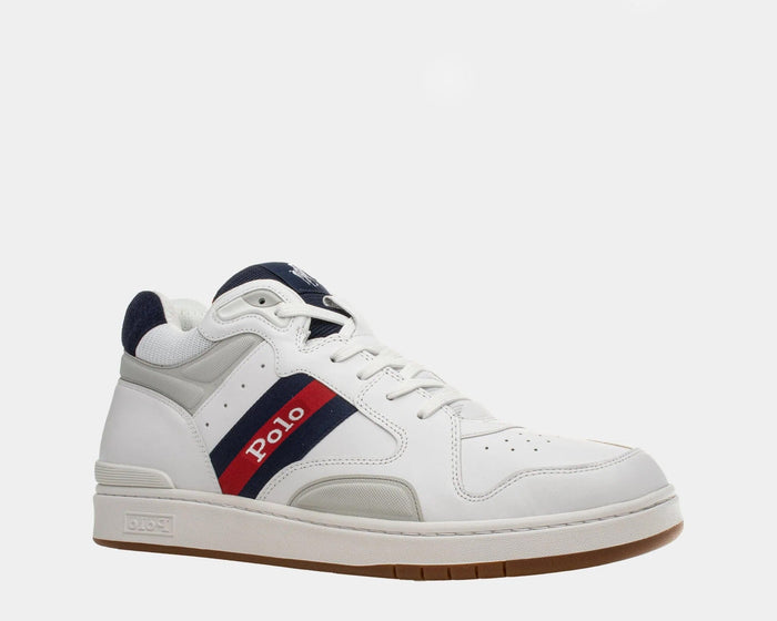 Polo Ralph Lauren Court Mid sneakers in white with red and navy accents, perforated toe box and gum outsole, side angle view.
