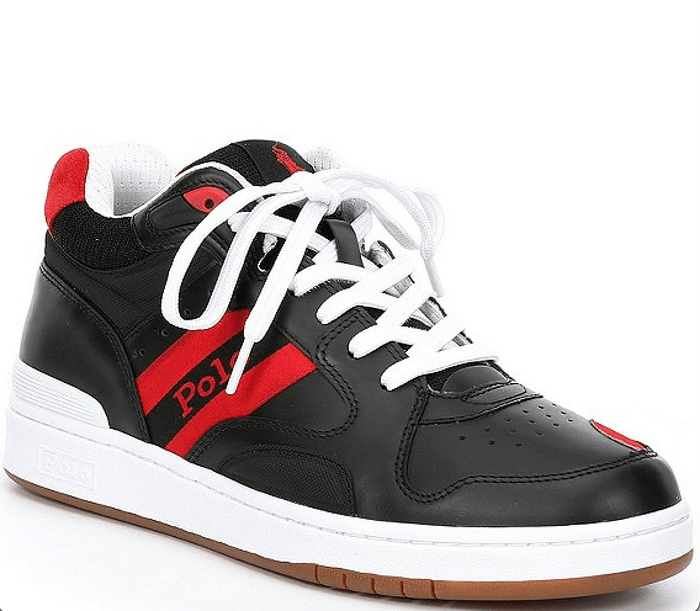 Polo Ralph Lauren Court Mid sneakers in black leather with red accents, perforated toe box, white laces, and gum outsole, front angle.
