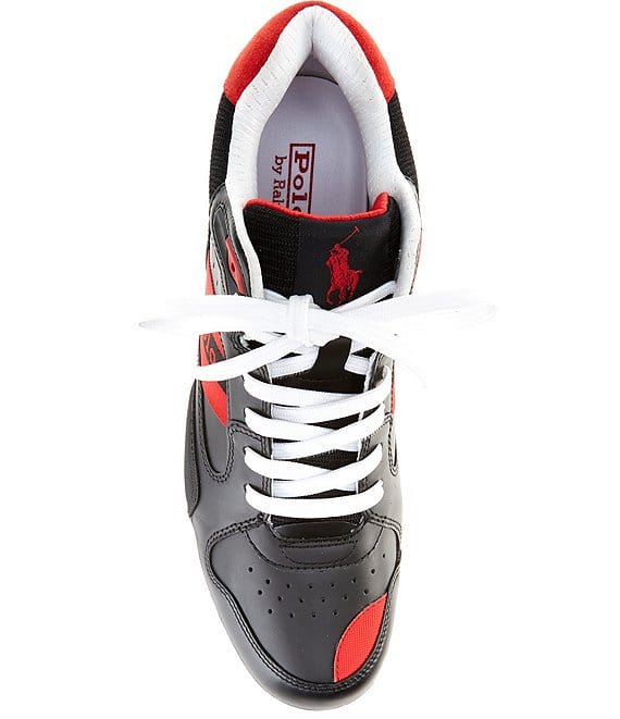Polo Ralph Lauren Court Mid sneakers in black and red with perforated toe box, white laces, and embroidered logo, top view.