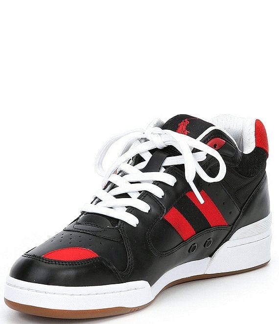 Polo Ralph Lauren Court Mid sneakers in black with red accents, perforated toe box, white midsole, and gum outsole, front angle view.